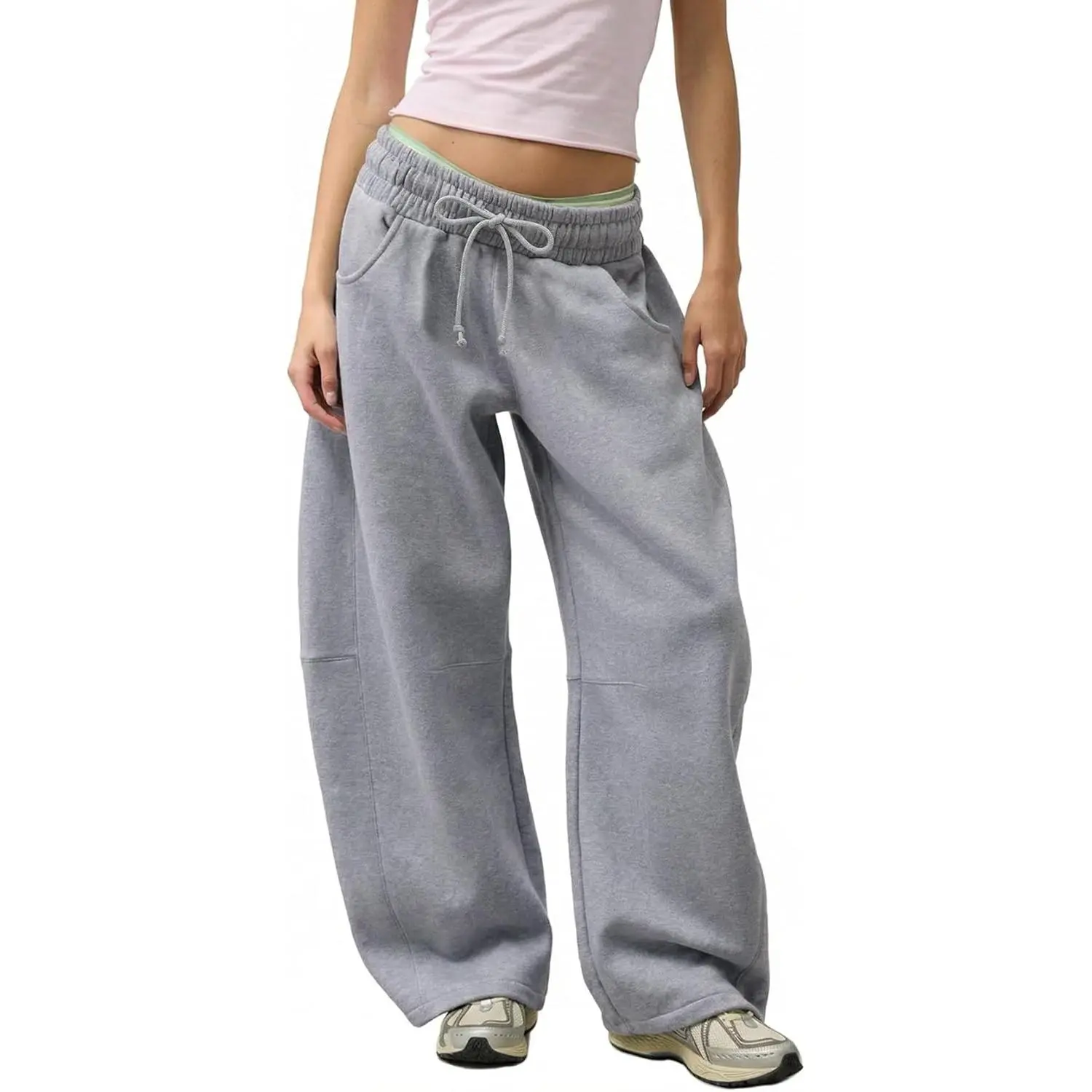 Women's Fleece Barrel Sweatpants, Sporty Chic Baggy Comfy Pants with Pockets and an Adjustable Drawstring for Gym & Lounging, Casual Baggy Trousers, Barrel Pants, Fleece Fabric, Elastic Waistband