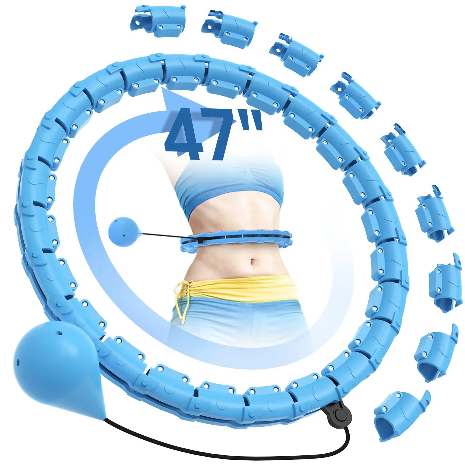 2026 Detachable Smart Hula Hoop - Blue, with 24 Solid Segments Weighted Hula Circle Hoops for Adults , Infinity Fitness Hoop Plus Size 47 Inch, 24 Detachable Links, Exercise Hoop Suitable for Women and Beginners thigh master