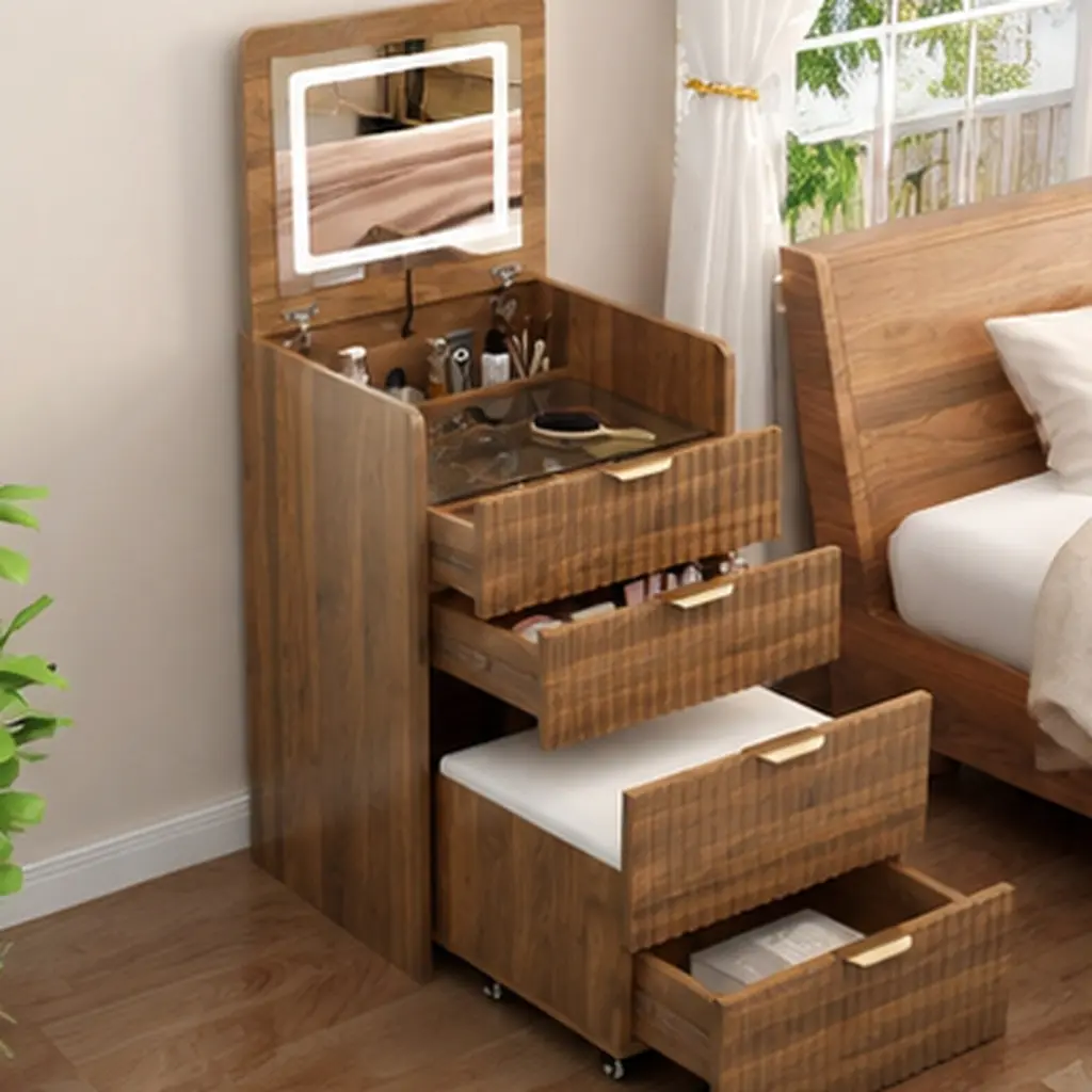 ARCH 3-in-1 Mid-Century Modern Makeup Vanity Desk Set - MDF+Glass, Flip-Top Mirror, Lights, Built-in Charging Port, 3 Drawers, Fluted Fronts, Rolling Stool, Compact, Assembly Required, 38 l x 19 w x 12 h inches, Walnut for Small Bedroom Spaces