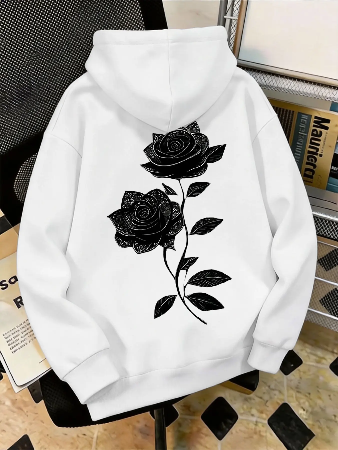Men's Fall Winter Rose Graphic Sweatshirt, Casual Fitted Hooded Top, Warm Lined Outdoor Wear, Versatile Street Style