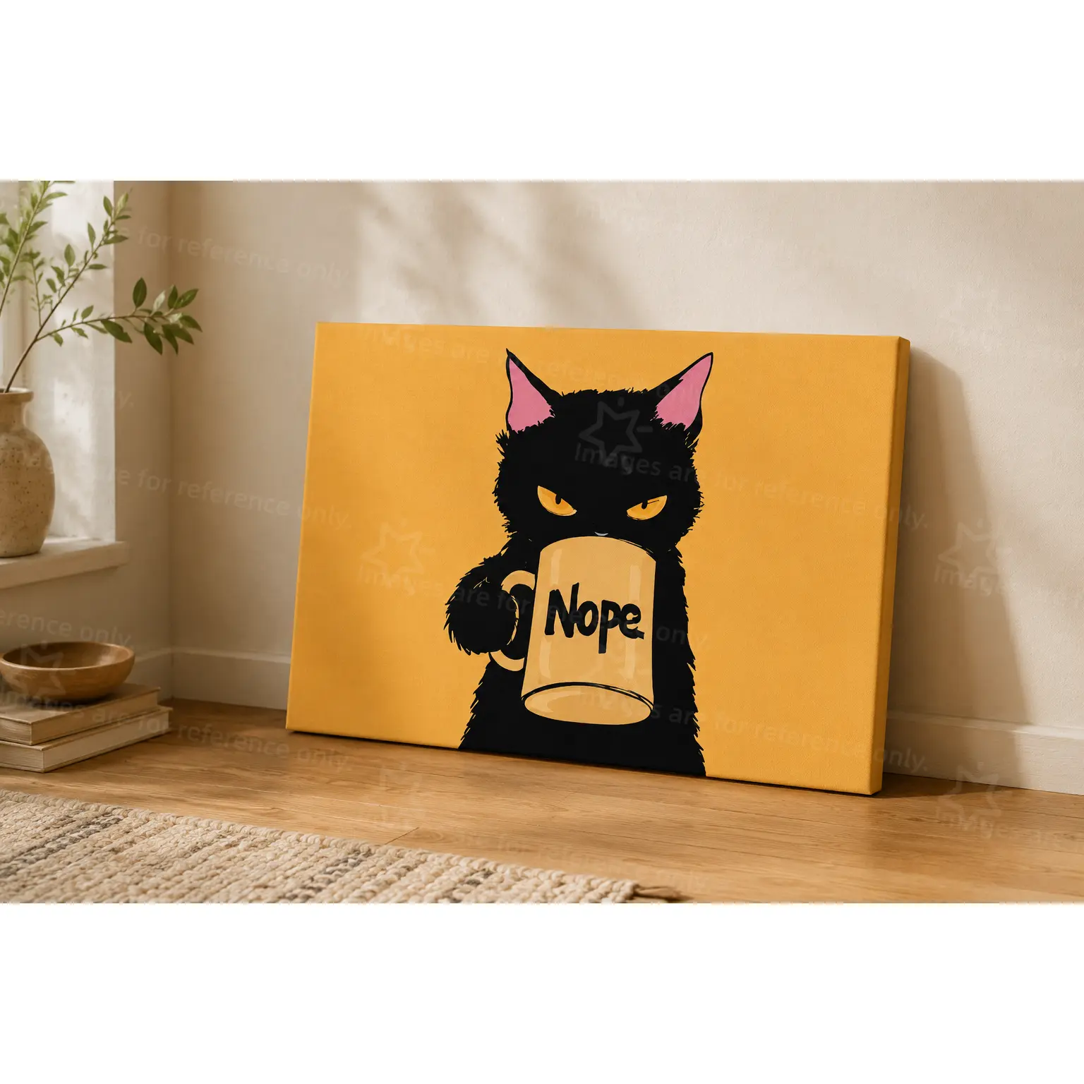 Funny Black Cat Nope Mug Poster, Sarcastic Yellow and Black Wall Decor for Living Room, Bedroom, Kitchen, Coffee Corner, Office, Dorm and Cat Lover Home, Minimalist Grumpy Cat Artwork Gift
