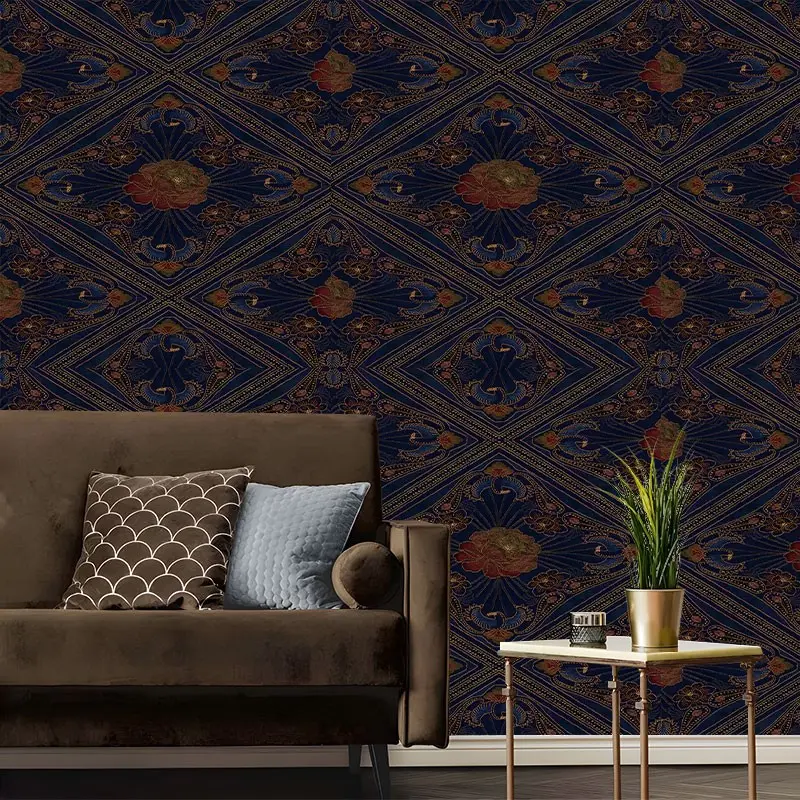 Navy Gold Floral Diamond Tile Peel And Stick Wallpaper Luxury Vintage Oriental Removable Self Adhesive No Residue Easy Install Contact Paper For Family Friends Colleagues Bedroom Furniture Kitchen Bathroom Multi Home Decor