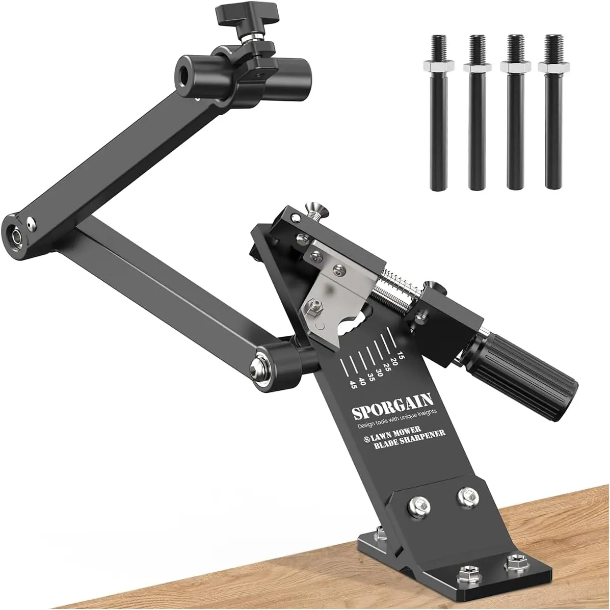 [Updated Lawn Mower Blade Sharpener 15°-45° Frame| Lawnmower Blade Sharpener Tool with Ball Bearing Manufacture Handle for/Left Hand Blades, Use with Angle, Black