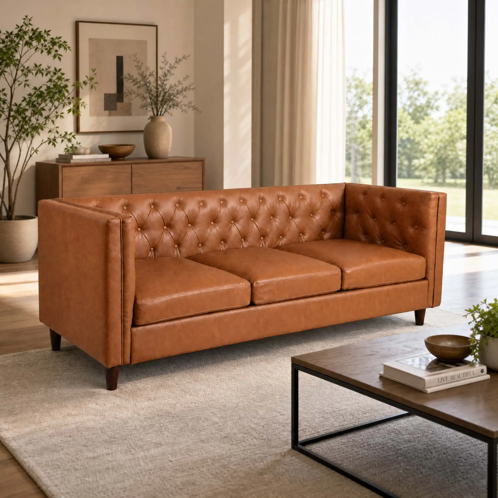 Mid-Century Modern Leather Sofa - 81" Deep Seat Chesterfield 3-Seater Couch - Handmade Button Tufting, Stylish and Comfortable Wooden Armrests for Living Room, Apartment, or Office