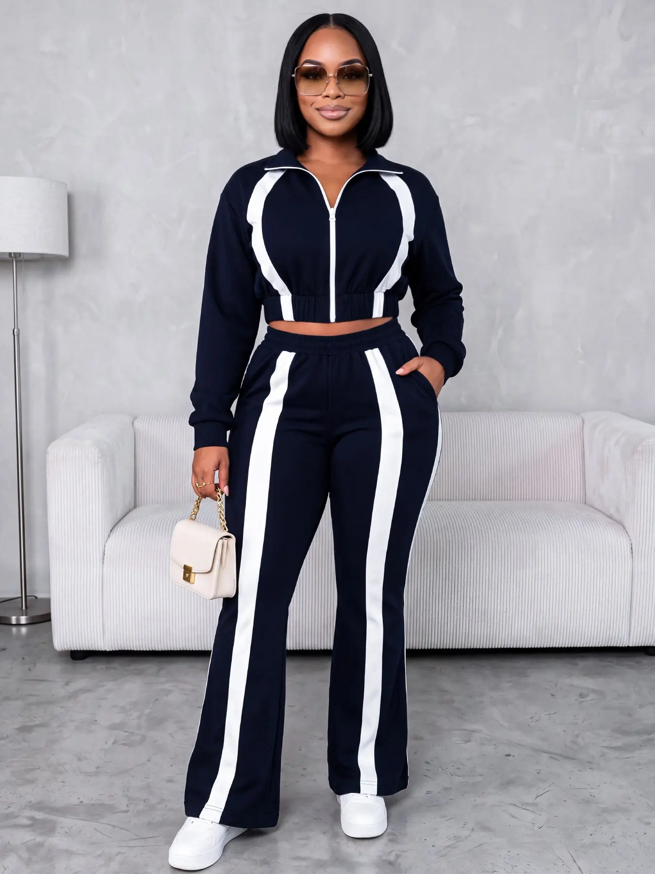 Women's Fall New Color Block 2 Piece Tracksuit, Cropped Zip Up Jacket & High Waist Flare Pants with Contrast Stripes, Sporty Casual Matching Set for Travel, Airport Outfit & Everyday Wear, Long Sleeve, Womenswear, Loose Casual Sporty
