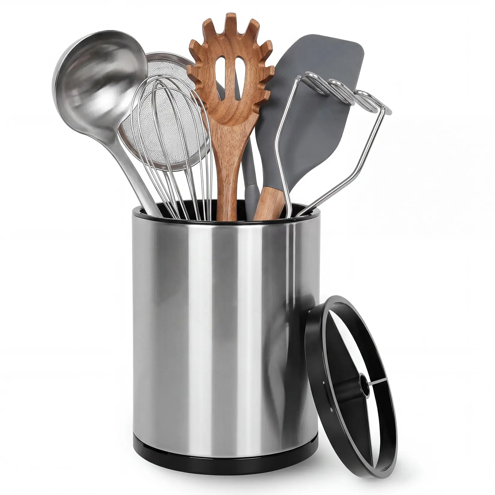 360° Rotating Extra Large Kitchen Utensil Holder, Stainless Steel Organizer with 3 Compartments, Removable Base & Drainage Tray, Countertop Organizer Rack for Spoons, Spatulas, Flatware, Modern Storage Caddy