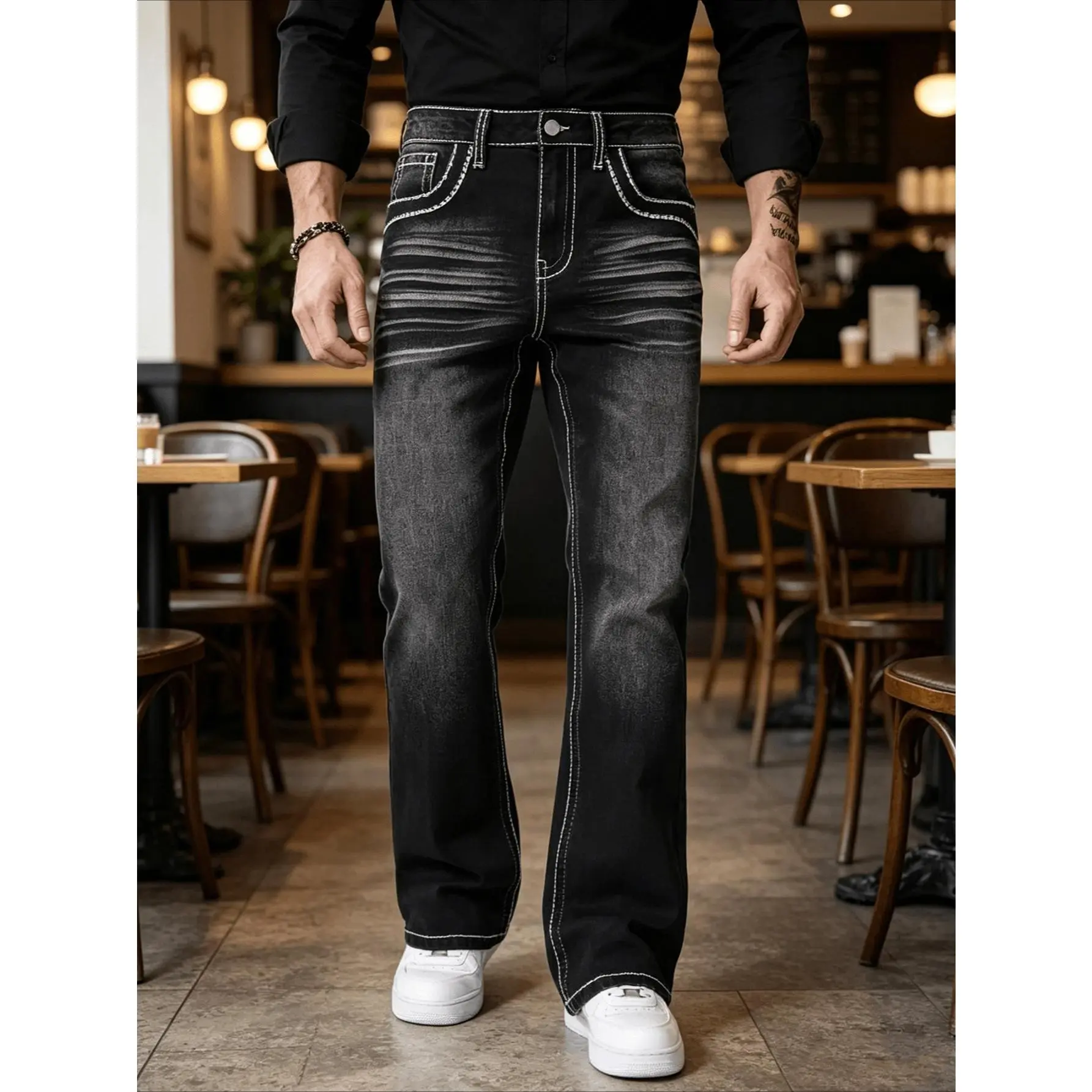 Men's High Cotton Black Contrast White Stitch Bootcut Jeans, Vintage Gradient Faded Whisker Wash Mid Rise Relaxed Fit Denim Pants, Classic Five Pocket Casual Business Streetwear Straight Flare Jean Trousers for Daily Work Outdoor Wear
