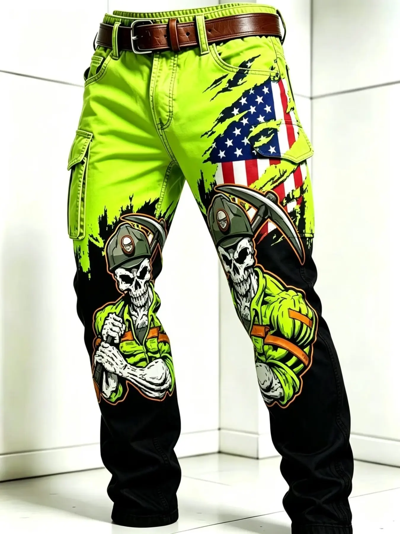 Neon Digital Print Cargo Pants, Skull Miner Usa Flag Pattern, Casual Slim-Fit Ankle-Length Trousers, Ideal for Outdoor Activities