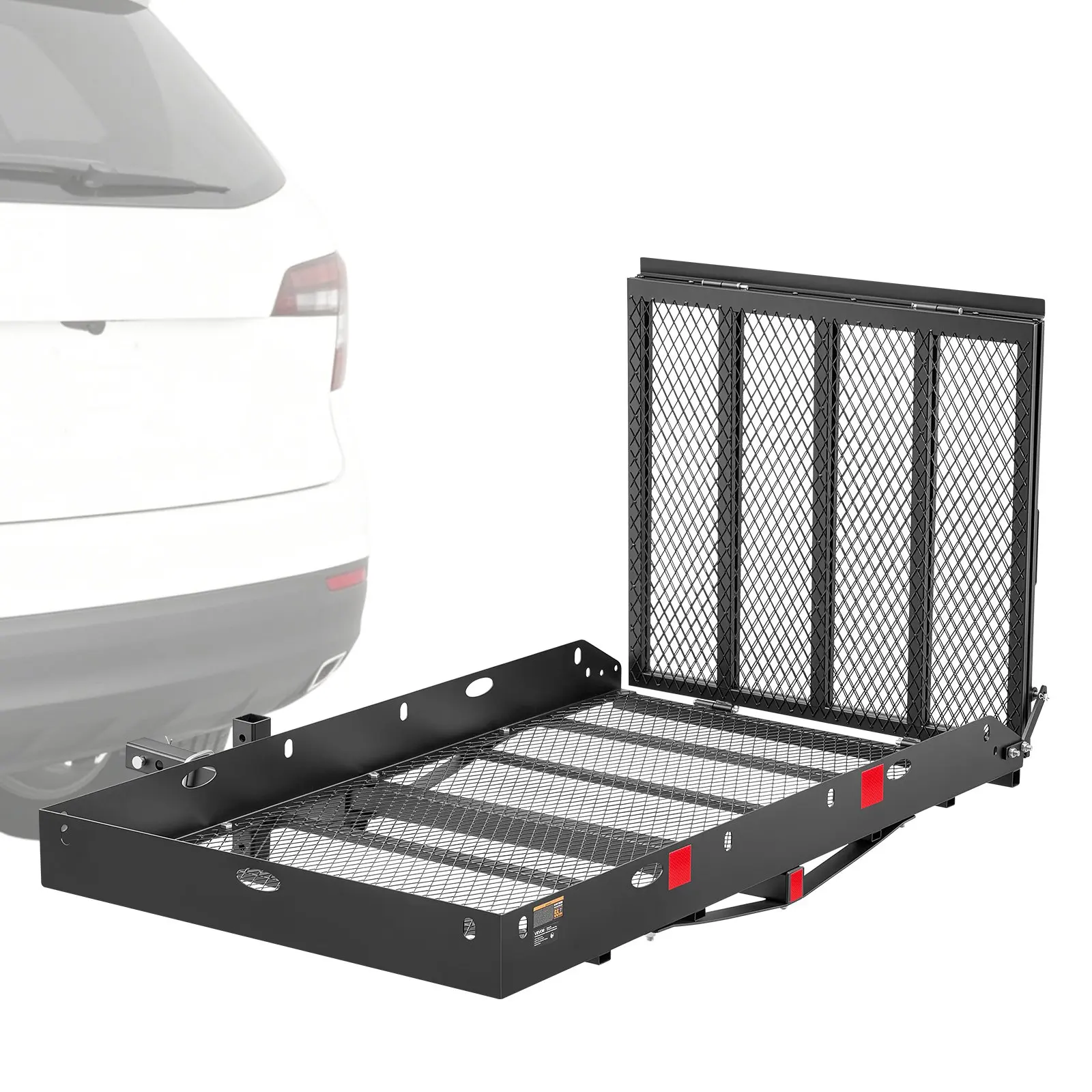 【DealsForYouDays】VEVOR Hitch Mount Wheelchair Carrier Height Adjustable, 500LBS Steel Mobility Scooter Carrier Cargo Basket with Double-Folding Ramp & Stabilizer, Fits 2" Hitch Receiver for Truck SUV Car, 60" x 33"