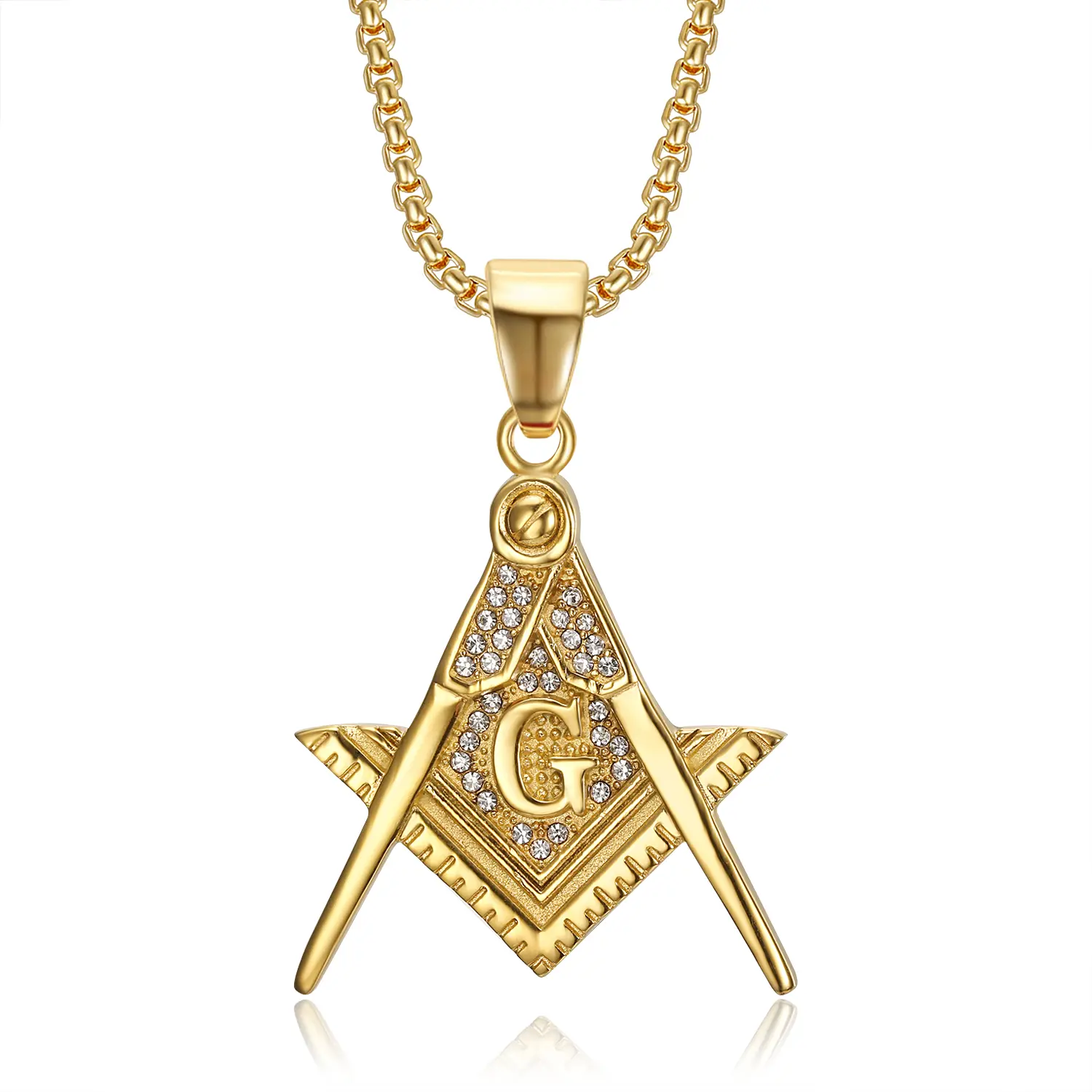 18K Gold Plated Freemason Symbol Pendant Stainless Steel Necklace for Men, 24 inch Chain Masonic Hip Hop Jewelry Gift