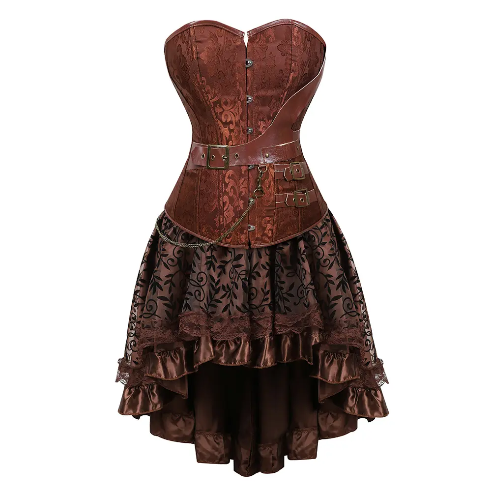 Brown Corset Dress for Women 2 Pieces Plus Size Sexy Steampunk Renaissance Medieval Victorian Bustier Top Halloween Goth  Pirate Cosplay Costume with Short Skirt Tutu Vintage Design Fairy Fashion Lace Womenswear Elegant Korsett Corsé Mujer Corsetto Fashio