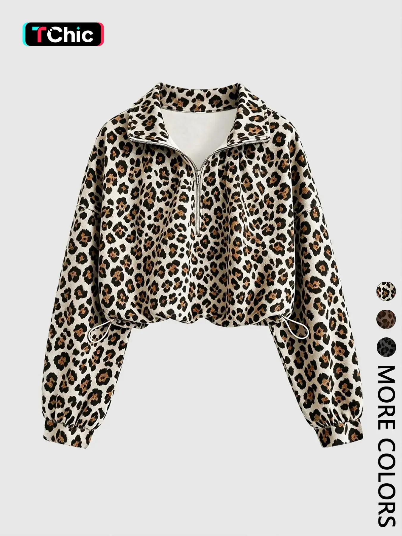 Women's Leopard Print Half Zip Collared Cropped Sweatshirt, Drop Shoulder Long Sleeve Pullover, Adjustable Drawstring Hem, Loose Oversized Animal Pattern Top for Casual Streetwear Chic