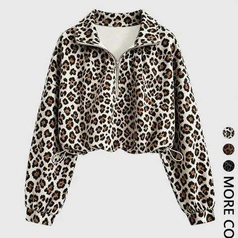 Women's Leopard Print Half Zip Collared Cropped Sweatshirt, Drop Shoulder Long Sleeve Pullover, Adjustable Drawstring Hem, Loose Oversized Animal Pattern Top for Casual Streetwear Chic