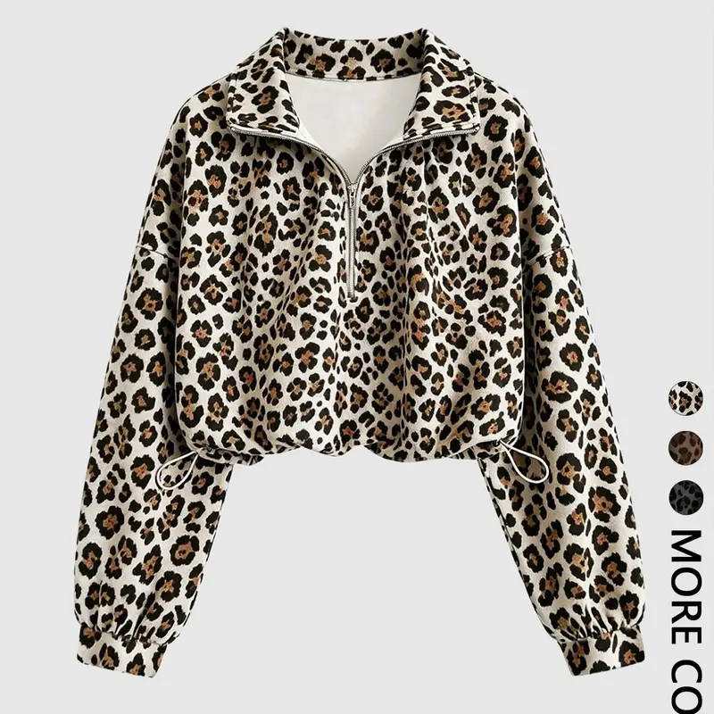 Women's Leopard Print Half Zip Collared Cropped Sweatshirt, Drop Shoulder Long Sleeve Pullover, Adjustable Drawstring Hem, Loose Oversized Animal Pattern Top for Casual Streetwear Chic