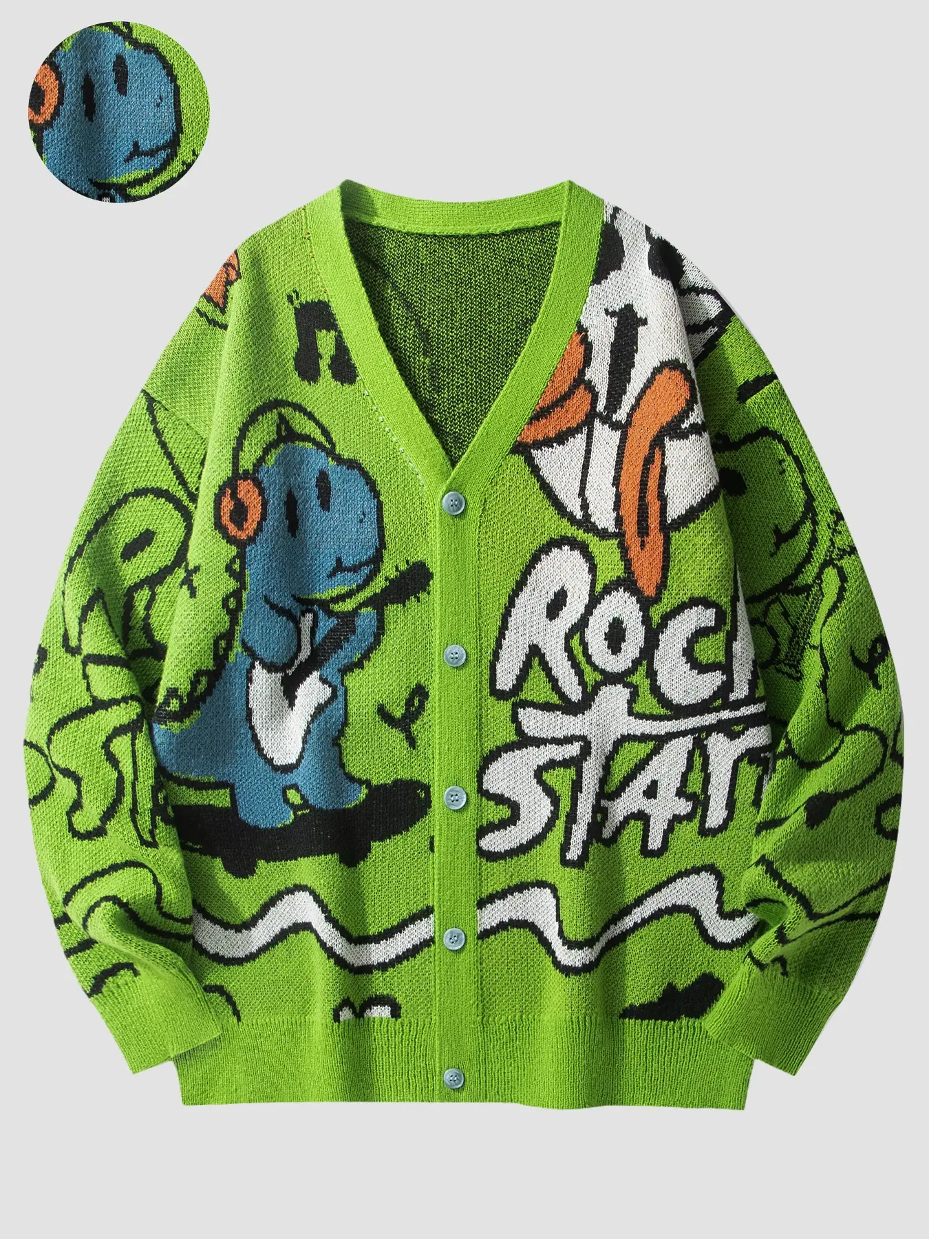 Autumn-Winter Unisex V-Neck Knit Cardigan, Cartoon Rock Star Dinosaur Skateboard Pattern Button-Up Sweater, Bright Casual Streetwear Jacket, Knitwear, Cardigan Sweaters