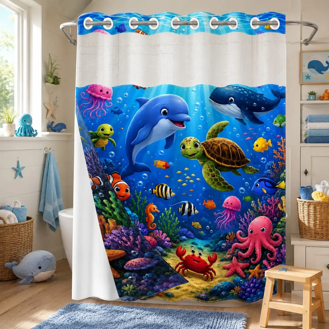 1Pc Hookless Double Layer Shower Curtain Set, Shower Curtain No Hooks, Dolphin Turtle & Sea Life Print, Snap-In Waterproof Mildew-Resistant Liner, Fabric Outer Curtain with Sheer Viewing Window, 71×74 Inch, Machine Washable, for Home, Hotel Bathrooms