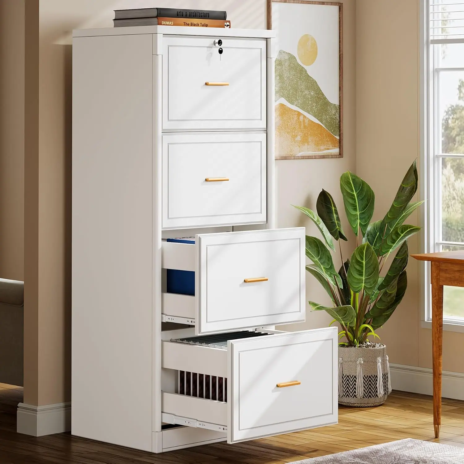LustreC Tall Locking 4-Drawer Vertical Wooden File Cabinet with Key, Home Office Storage for Legal, Letter & A4 Files, White