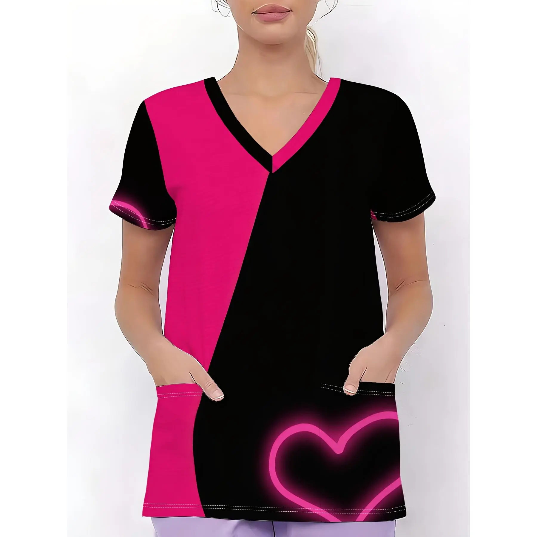 Women's Short-sleeve V-neck Nurse Scrubs with Pockets, Featuring a Modern Minimalist Style and High-definition Fashionable Printed Patterns. The Front Includes a Stethoscope Design, While One Side Showcases a Pink Heart Motif. Soft to the Touch