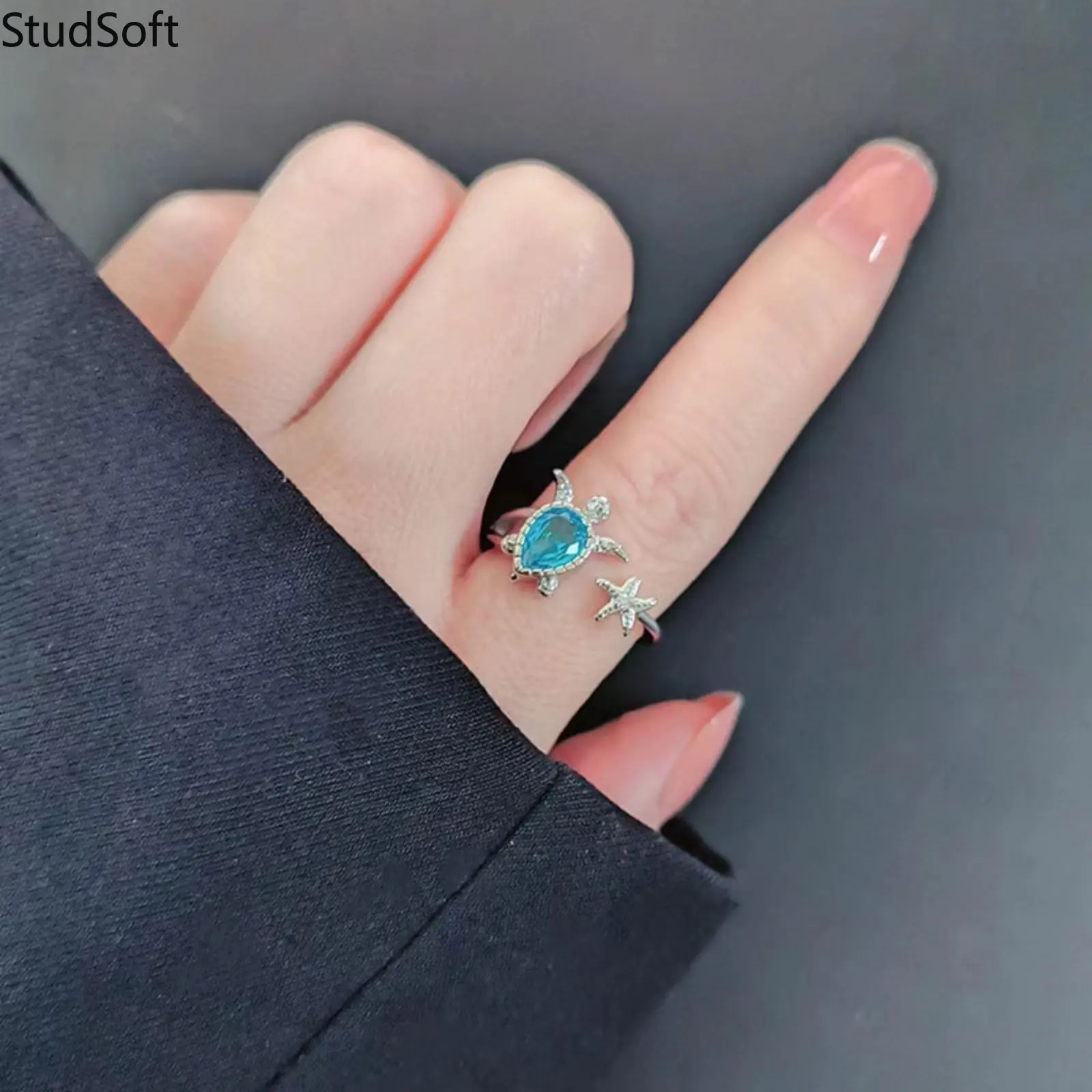 Beautiful Sea Turtle Ring in 925 Sterling Silver for Women, Cute Starfish Ocean Jewelry, Adjustable Open Band with Blue Zircon, Beautiful Rings