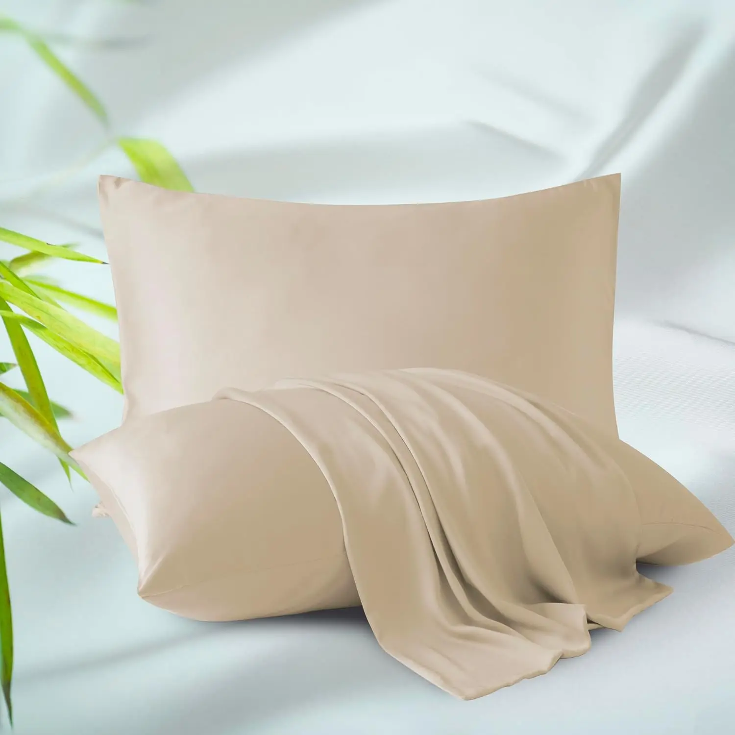2-Pack Standard Size Bamboo Viscose Zippered Pillow Cases - 400TC Cooling Solid Pillow Protectors, Luxury Silk-Like Soft Breathable for Hot Sleepers, Hotel Quality (20x26 in, Beige), Rectangular