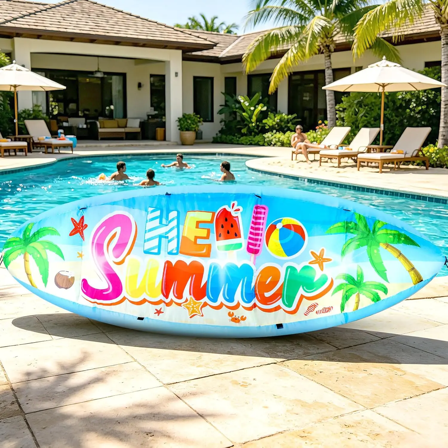 Cloth Inflatable Surfboard Decoration, 5 ft x 1.48 ft Waterproof Cloth, Quick-Inflate with Built-in 3 LED Lights, Easy-Installation Beach Yard Decor Summer Party Supply