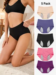 5-Pack Assorted Colors | Women's High-Waisted Elegant Leak-Proof Period Panties | Breathable Cotton Underwear | All-Day Comfort