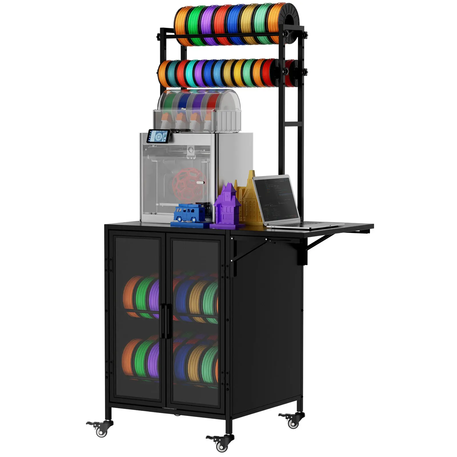 ARCH Adjustable 3D Printer Stand with Filament Storage Cabinet, 35.8"x23.2" Heavy-Duty Metal Printer Table Cart, 360° Rolling Locking Wheels, Foldable Side Table, Dustproof Enclosed Compartment, Racks, Organiser for Workshop Office, Black