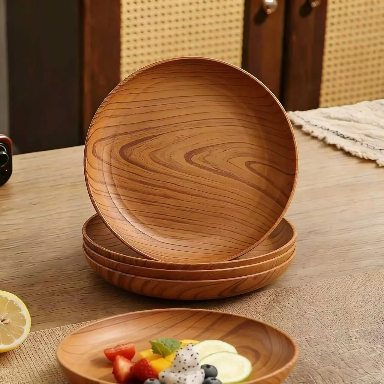 4-8pcs Wood Grain New Chinese Style Round Decorative Plates, Japanese Original Wood Style, Smooth Edges, Ideal for Fruit Arrangement, Home Decor, Picnics, Afternoon Tea