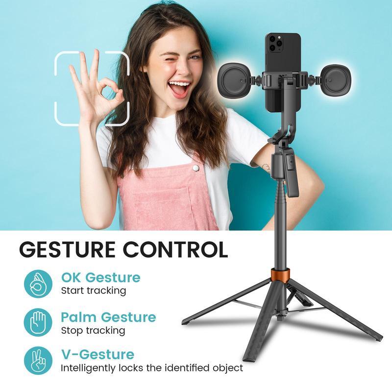 360&deg; Rotatable Adjustable Selfie Stick Tripod, Rechargeable Smart Face Tracking Tripod with 2 Fill Lights, Auto Face Tracking Phone Holder for Vlog, Live Streaming, Remote Tripod