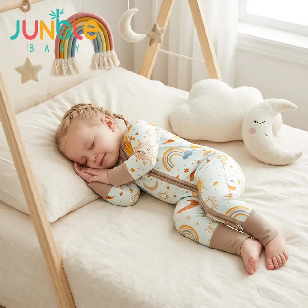 Junblebaby  Baby Romper, baby girl zipper romper,baby GIRL clothes, Bamboo Fiber Baby Onesie, Sun, moon, rainbow print patterns,Long Sleeve   mitten cuff foot  Romper with Two-Way Zipper, Breathable Daily Loungewear for Newborn Toddler Girl 0-3 Years Old