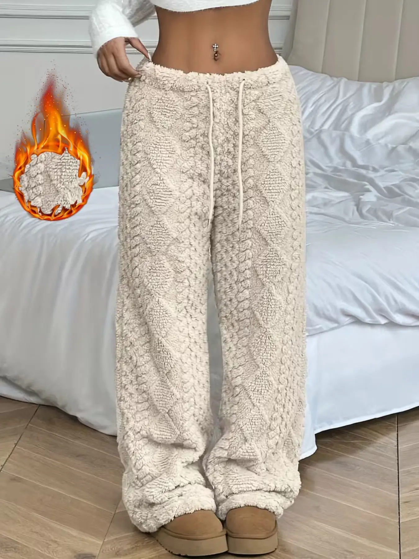 Women's Autumn Winter Soft Milk Color Style Rhombus Knit Fuzzy Sleep Pants, Adjustable Drawstring Loose Fit, Cozy Home Wear Loungewear