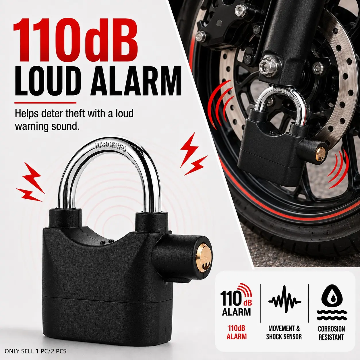 110dB Loud Alarm Padlock, Outdoor Hanging Door Lock with 3 Keys, High-Security Anti-Theft Lock for Garage Doors, Fence Gates, Storage Units, Tool Boxes and Sheds