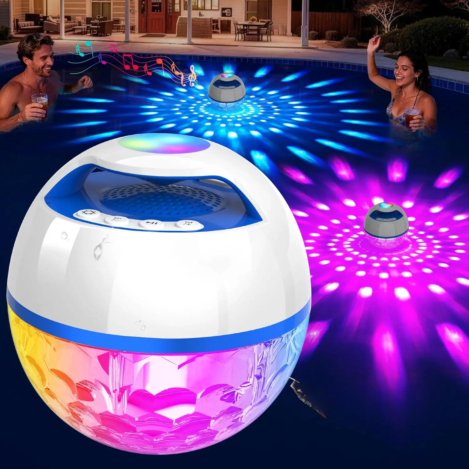 2026 Upgraded Bluetooth Pool Speaker, Floating Pool Speaker with Top & Bottom Lights, BT5.4 Hot Tub Speaker IP68 Waterproof Floating Speaker, Portable Floating Bluetooth Speaker for Pool-White