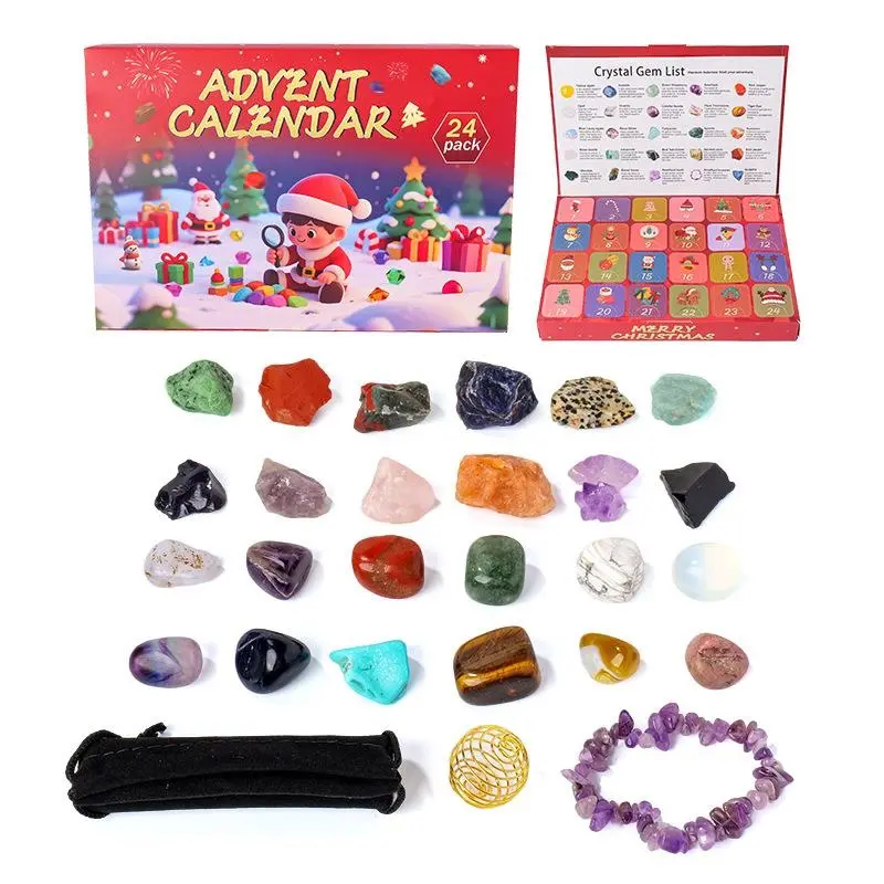 1pcs Christmas Countdown 24 Days Advent Calendar, natural crystal stone, party supplies, geology enthusiasts' original stone collection box, holiday lucky stone, Christmas gift choice