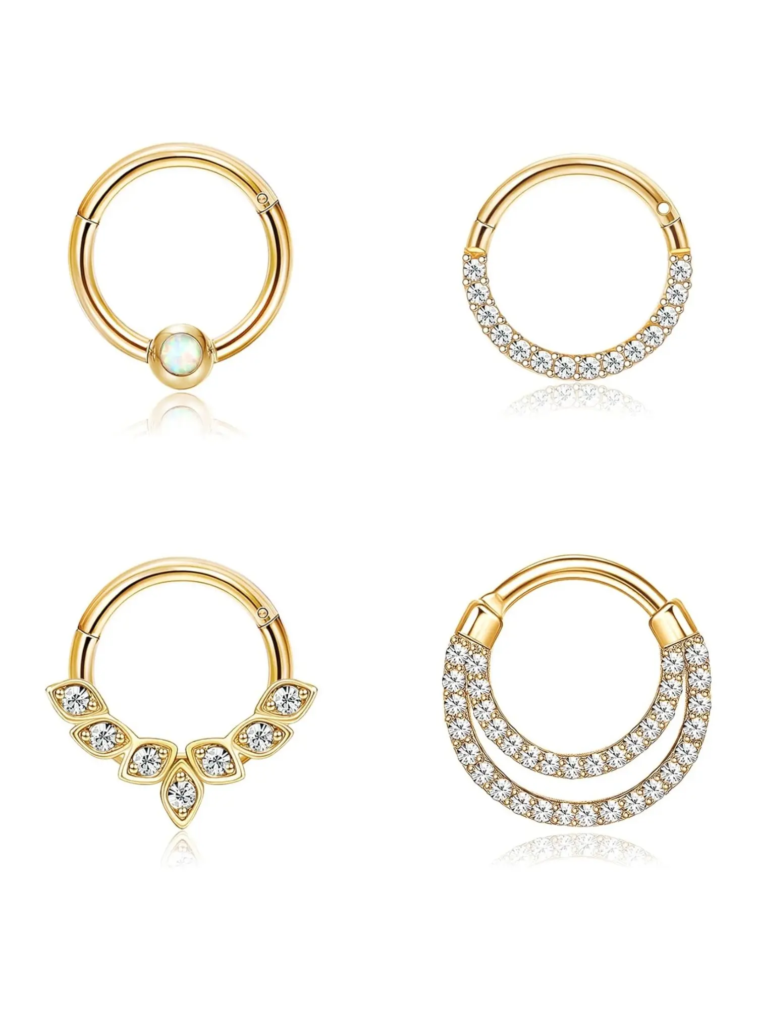 4 Pcs Brilliant Golden Hinged Septum Clicker Rings for Unisex Premium Stainless Steel Nostril Hoop Collection Embedded Shimmering Opal Sparkling CZ Marquise Cluster Double Layer CZ Layout Multi-Style Piercing Accessories for Septum Helix Elegant Ornament