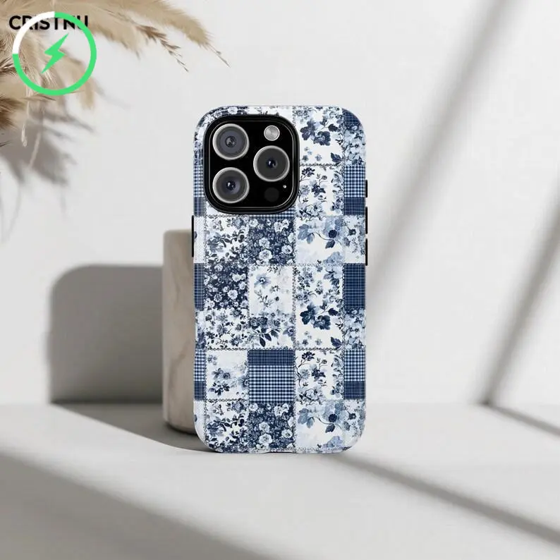 Cristnu Magnetic Quilted Floral Phone Case - Blue Denim Cottagecore Patchwork, Bohemian Vintage Aesthetic, Polycarbonate Secure for MagSafe, Wireless Charge Compatible with iPhone 11 12 13 14 15 16 17 Pro Max Pro Plus