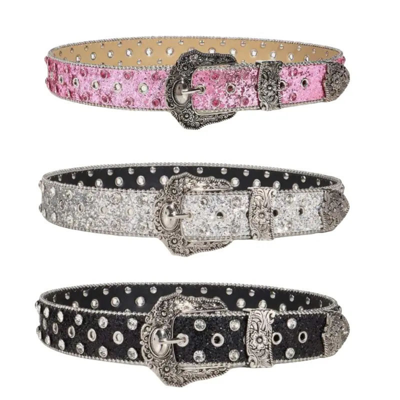 Women Glitter Sequin Rhinestone Wide Belt, Y2K Vintage Engraved Metal Pin Buckle Waist Strap, Sparkly Decorative Belt for Jeans Dresses, 3 Colors Available