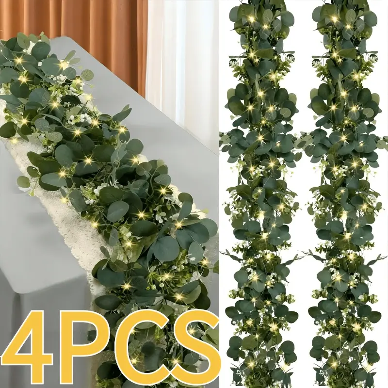 Eucalyptus wreath for Halloween/Christmas decoration, suitable for wedding decor, 2 packs, 6FT with 2 battery boxes, green floral wreath ornament, artificial faux eucalyptus leaf green vine, ideal for tables, wedding centerpieces and backdrop decoration