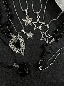 8-piece Gothic Black Heart Star Cross Pendant Necklace Set, Silver-Tone Multi-Layer Beaded, Unisex Punk Streetwear Style