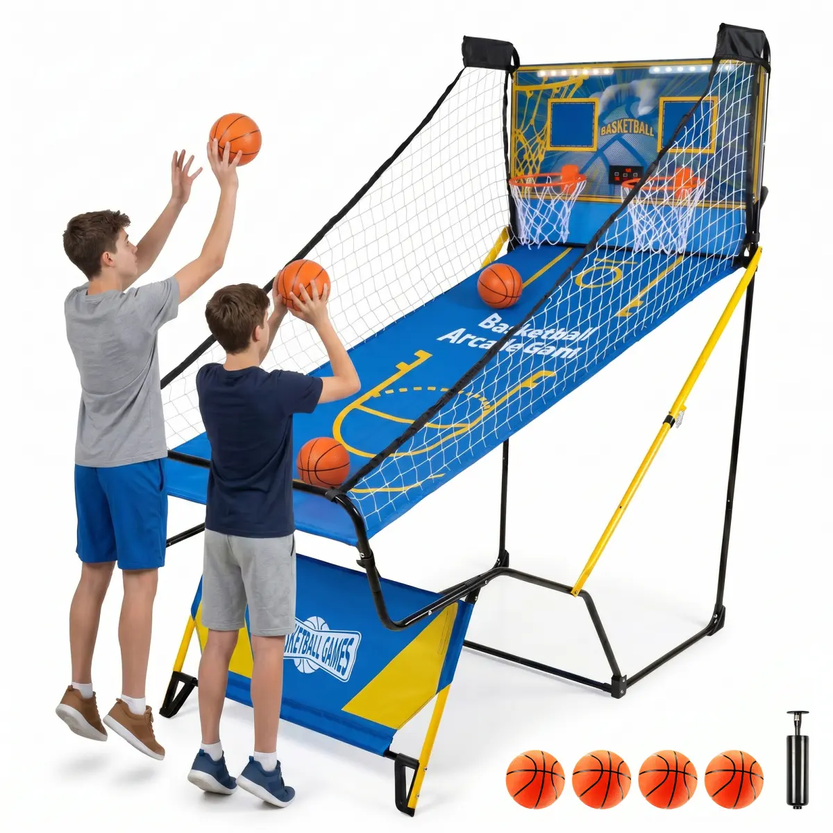 Fahuac Dual-Player Indoor Basketball Arcade Game with Iron Frame, LED Scoring Board, 87.7x79.5x42.5in Foldable Design, Real-Time Score Tracking, Arcade Look, 4 Balls, Blue, for Family Use & Indoor Activity Spaces, Two, Family Game Rooms