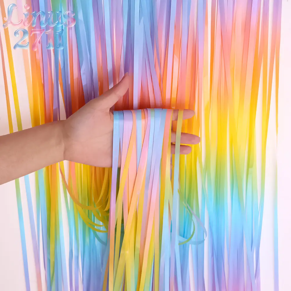 1M x 2M Gradient Macaron Pastel Tinsel Fringe Curtain Rainbow Rain Silk Door Curtain Wedding Bridal Room Girls Birthday Baby Shower Photography Party Backdrop Decor