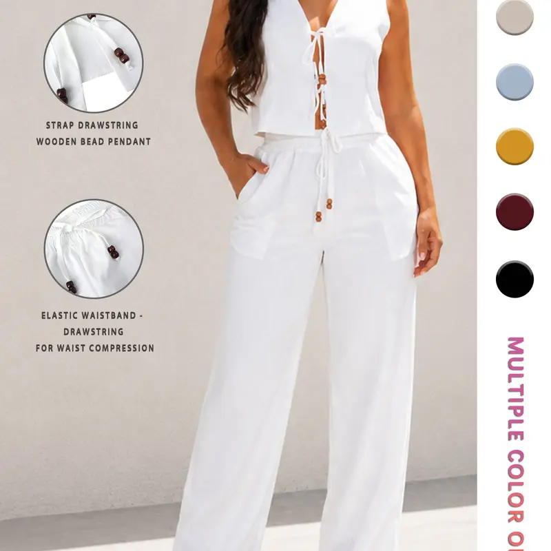Women's Solid Tank Top & Wide Leg Pants Two-piece Set, Casual Comfy Lightweight Soft Outfits for Daily Wear, Ladies Summer Clothes, Basic Fabric