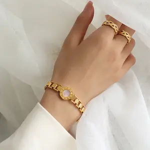 Women's 18K Gold-Plated Titanium Steel Roman Numerals Watch Dial Couple Bracelet - Ins-Style Shell Jewelry for Girlfriends