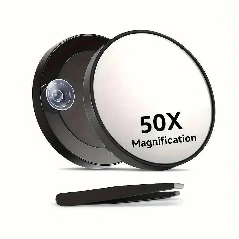 New 50x magnification makeup mirror set, Cosmetic mirror, with tweezers and suction cups to fix the round mirror, perfect for home and travel (3.5 inches in diameter), ideal gift for precision makeup use during Halloween and Christmas