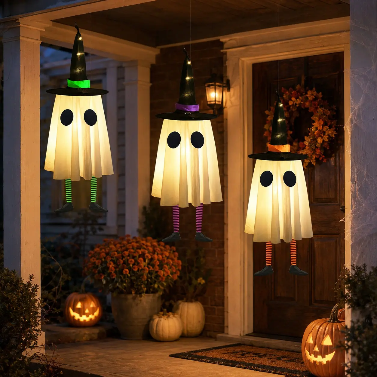 3 Piece Halloween Hanging Ghost Set, Outdoor Halloween Decor with Witch Hat, Glowing Ghost Witch Hat Lamp, Garden Tree Decoration