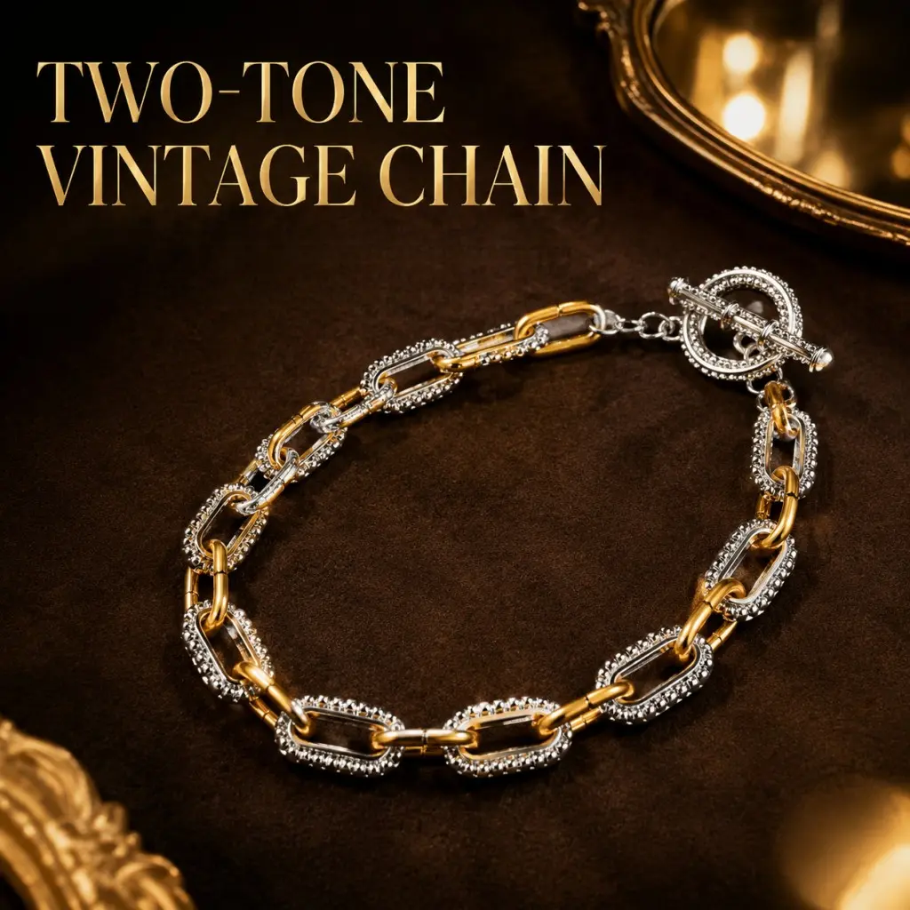 Women's 2-Tone Gold-Silver Link Chain Bracelet - Vintage Paperclip Toggle Clasp, Mixed Metal Stackable Statement Jewelry, Trendy Everyday Wrist Accessory, Ideal Birthday Gift