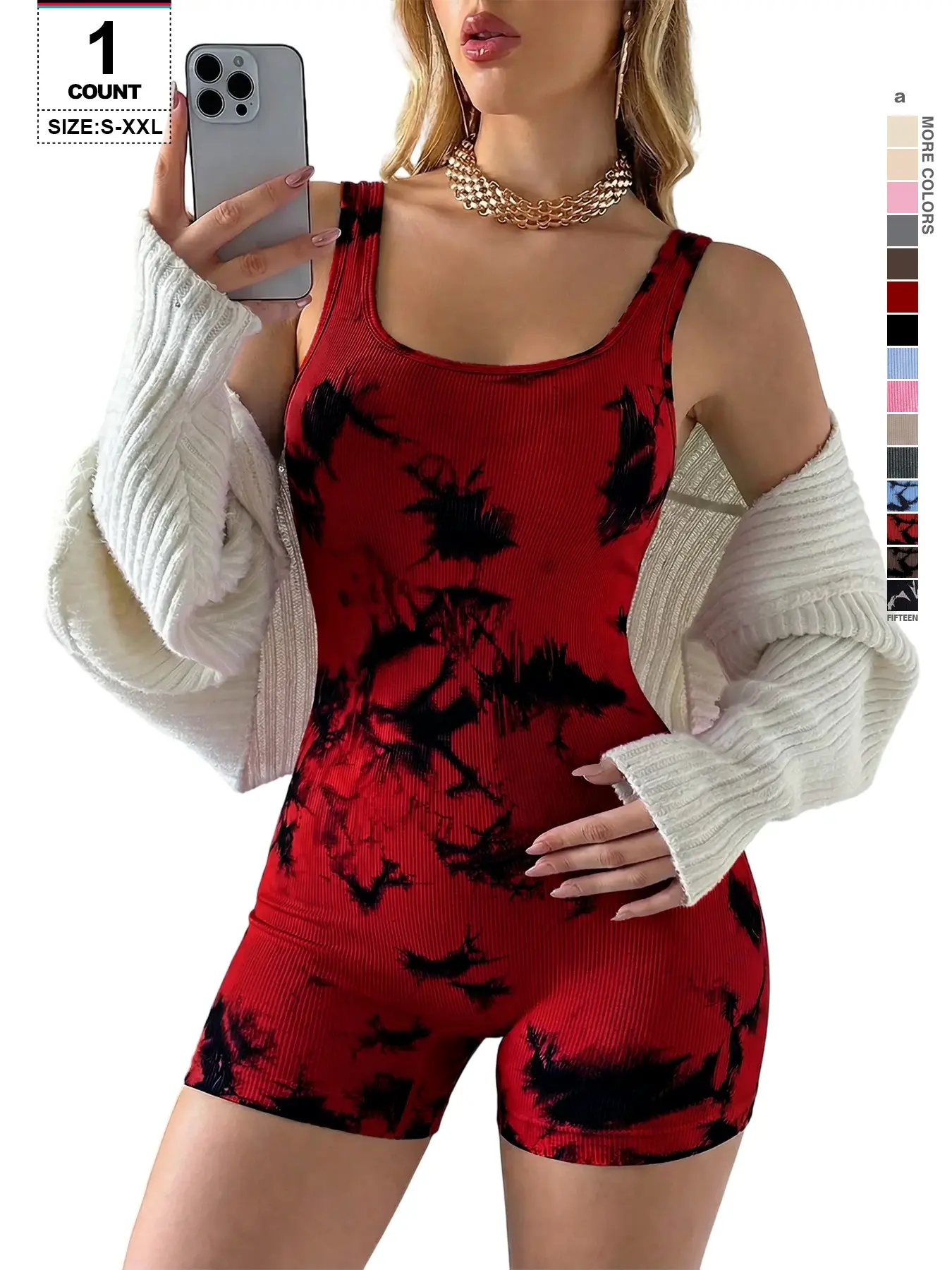 Tie Dye Rib Knit Tank Short Romper Bodysuit, Casual Fashion Romper, Casual Comfy Romper, Low Scoop Neck Sleeveless, Elastic Form Fitting, Hourglass Shaping Jumpsuit for All Seasons