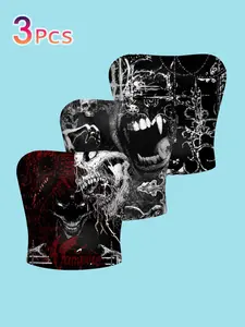 3-Pack Gothic Skull Vampire Tube Top, Slim-Fit Casual Backless Vest, All-Over Print, Unisex Design, Perfect for Daily Wear
