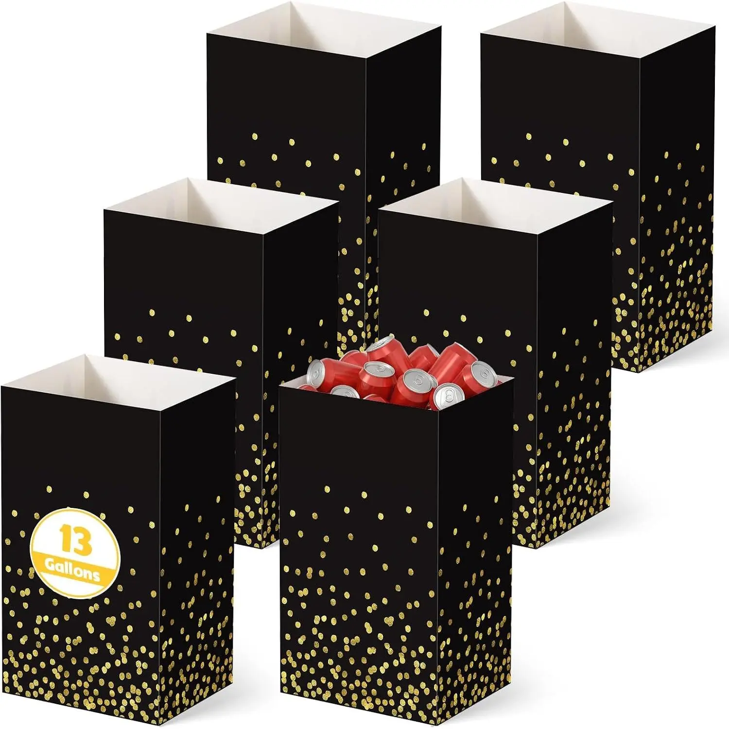 Tinlade 6 Pack 13 Gallon Pop up Trash Cans Black and Gold Disposable Garbage Cans for Party Large Waterproof Trash Can Foldable Bins for Graduation Prom Birthday Anniversary Party Gathering