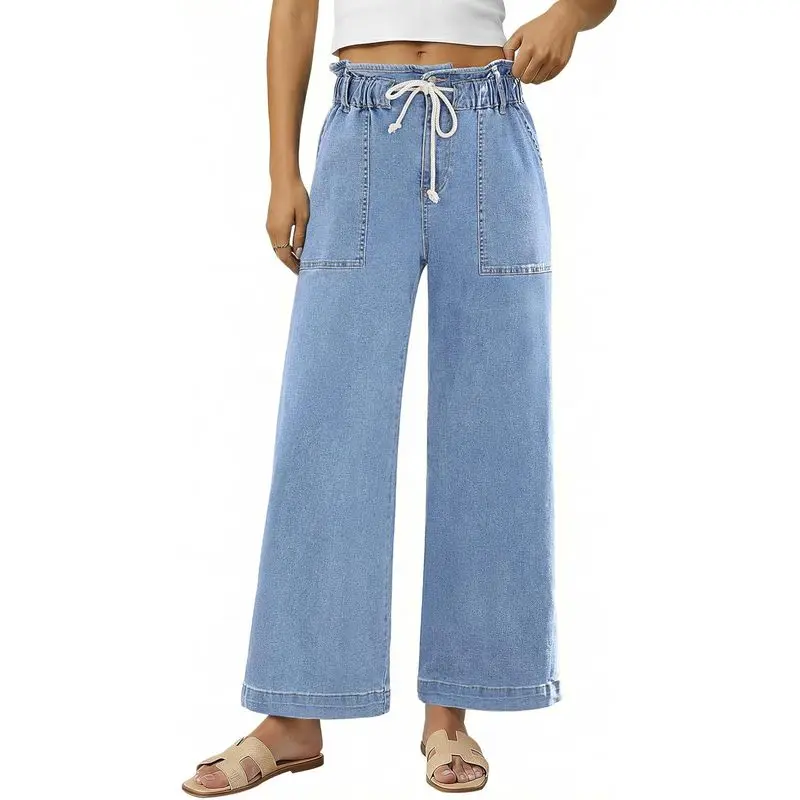 Wide Leg Jeans for Women Trendy High Waisted Elastic Waist Paperbag Drawstring Stretchy Denim Pants Trouser Jeans